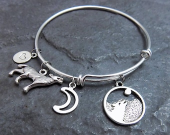Wolf Jewelry - Howling Wolf - Charm Bracelet - Gift for Wolf Lover - Wolf Pendant - Animal Jewelry - Wolves - Crescent Moon - Expandable