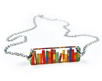 Bookshelf Bar Necklace, Literary Acrylic Pendant, Book Lover Gift