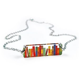 Bookshelf Bar Necklace 18 inch with Books, Literary, Author, Book Club, Teacher Gift - Choice of Silver or Gold