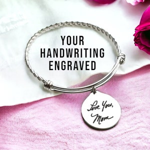 Handwriting Charm Bracelet with Actual Signature on a Stainless Steel Braided Bangle Memorial Gift for Her