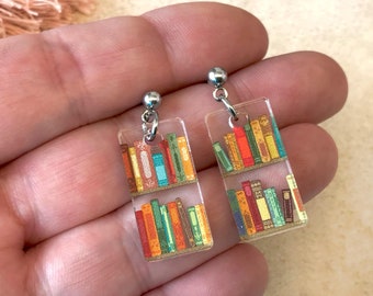 Bookcase Stud Earrings Small Mini Dangle with Book Shelves Patterned Acrylic