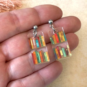 Bookcase Stud Earrings Small Mini Dangle with Book Shelves Patterned Acrylic