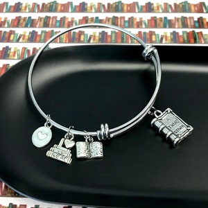 Book Lover Charm Bracelet, Teacher Gift, Librarian, Book Club, Gift for Her, Love to Read, Reading, Choice of Expandable Bangle style image 1