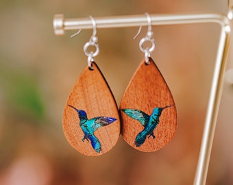 Engraved Walnut Hummingbird Earrings – Shimmering Bird Lover Jewelry