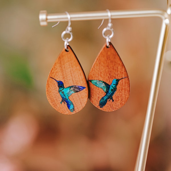 Hummingbird Dangle Earrings - Walnut Engraved with Metallic Colorful Shimmer - Bird Lover Jewelry - Birdwatcher Gift for Her