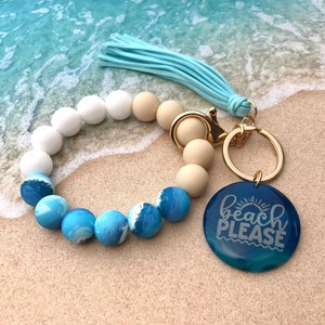 Silicone Bead Wristlet Keychain for your Keys in a Beach Theme - Can Be Custom Engraved and Personalized - Beaded Stretch Wristlet Bangle