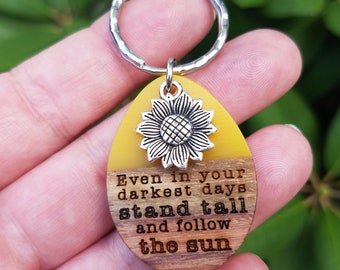 Engraved Sunflower Keychain – Wooden Pendant, Inspirational Gift