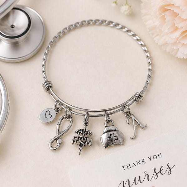 Personalized Nurse Charm Bracelet – RN Gift, Stethoscope, Caduceus