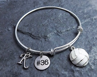 Volleyball Bracelet - Team Gifts - Choose Initial and Number - Charm Bracelet - Volleyball Gifts - Personalized Jewelry - Expandable Bangle
