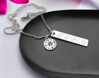 Custom Coordinates Necklace: Engraved Compass Charm, Personalized Location