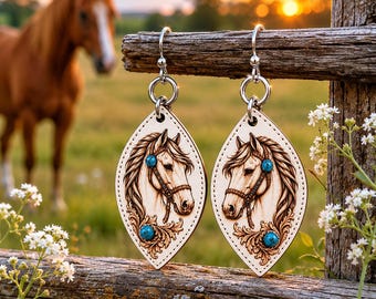 Horse Earrings with Turquoise Accent,  Western Leatherette Dangle Earrings, Cowgirl Jewelry,  Equestrian Gift for Horse Lovers