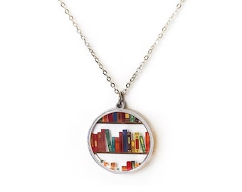 Bookcase Necklace for Book Lovers, Authors, Librarian or Teacher Gift Ideas - Book Lover Jewelry