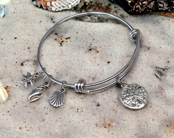 Sea Shell Charm Bracelet - Stainless Steel Bangle, Beach Jewelry