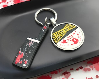 True Crime Keychain: Crime Scene Tape, Bloody Cleaver Charm