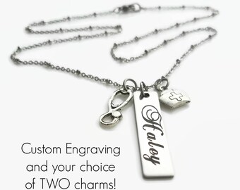 Custom Charm Necklace, Personalized Engraved Vertical Bar, Stainless Steel