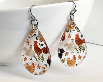 Chicken Earrings for Crazy Chicken Lady - Dangle Drop Acrylic
