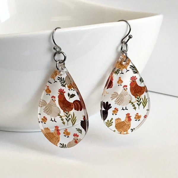 Chicken Earrings for Crazy Chicken Lady - Dangle Drop Acrylic