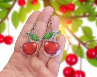 Cherry Dangle Earrings for Women - Lightweight Acrylic Fruit Jewelry