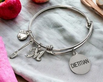 Dietitian Charm Bracelet Gift for Her Nutritionist Personalized Initial Jewelry Graduation Expandable Bangle Healthy Eating