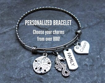 Custom Charm Bracelet Braided Stainless Steel Expandable Bangle, Personalized Jewelry, Choose Your Charms, Gift for her any occasion