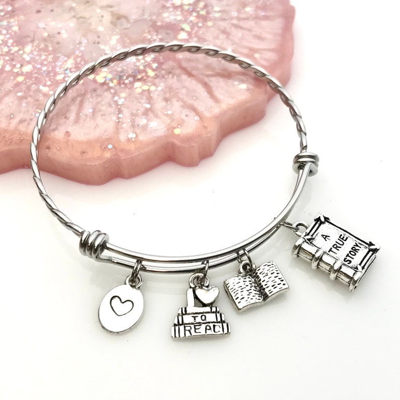 Book Lover Charm Bracelet, Teacher Gift, Librarian, Book Club, Gift for Her, Love to Read, Reading, Choice of Expandable Bangle style Twisted Stainless