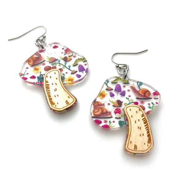 Mushroom Dangle Earrings with Patterned Acrylic and Wood -