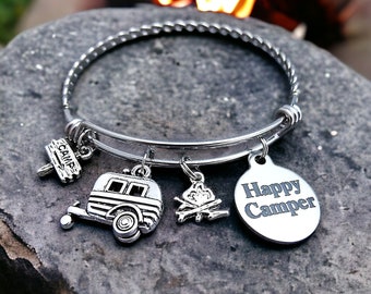 Camping Gift for Her Happy Camper Charm Bracelet Expandable Bangle - Choice of Stainless Steel  Braided / Twisted  Engraved Jewelry