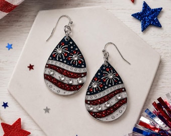 Patriotic Earrings with Rhinestones • 4th of July Earrings • Firework Earrings • American Flag Earrings • Red White Blue Jewelry