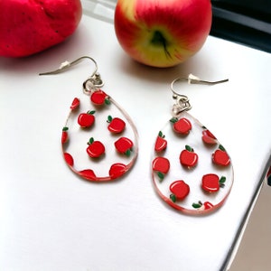 Apple Earrings Dangle Drop Acrylic - Teacher Appreciation Gift for Back to School - Red Apple Jewelry - Fruit - Vegan