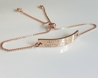 Custom Engraved Name Bracelet Rose Gold Jewelry, Adjustable Bolo Bracelet, Personalized Bar Bracelet, ID Bracelet, Customized, Friendship