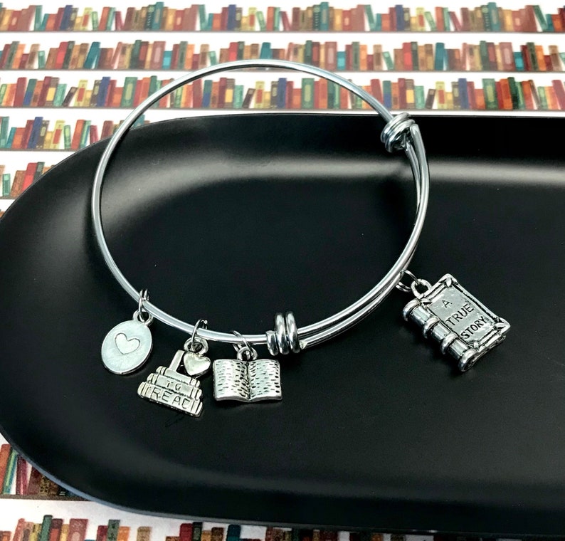 Book Lover Charm Bracelet, Teacher Gift, Librarian, Book Club, Gift for Her, Love to Read, Reading, Choice of Expandable Bangle style image 1