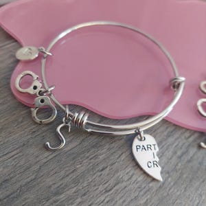 May include: A silver charm bracelet with a heart charm that says "Part 1 of 2" and other charms including handcuffs and a letter 'S'.