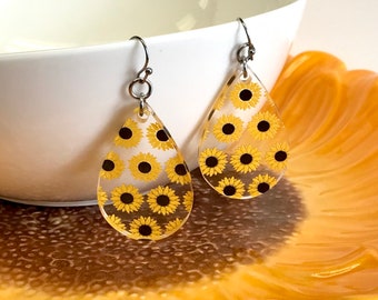 Sunflower Dangle Earrings Teardrop Shape Pattered Acrylic