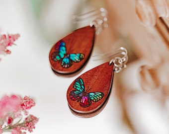 Butterfly Dangle Earrings Engraved Walnut Teardrop Shape with Colorful Metallic Foil