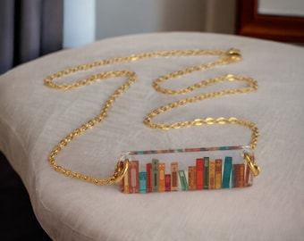 Bookshelf Bar Necklace 18 inch with Books, Literary, Author, Book Club, Teacher Gift - Choice of Silver or Gold
