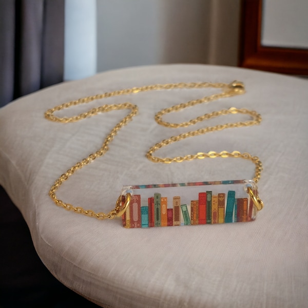 Bookshelf Bar Necklace 18 inch with Books, Literary, Author, Book Club, Teacher Gift - Choice of Silver or Gold