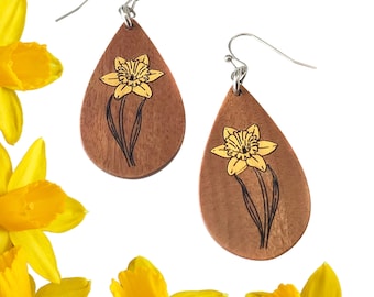 Daffodil Earrings - Laser Engraved Walnut, Hypoallergenic Spring Jewelry