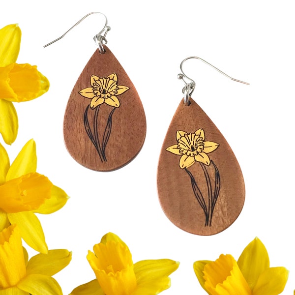 Daffodil Earrings  - Spring Jewelry for Women - March Birth Flower Birthday Gift - Lightweight Walnut Engraved with Yellow Daffodils