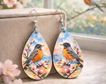 Robin Cherry Blossom Wood Dangle Earrings, Nature Inspired Floral Jewelry