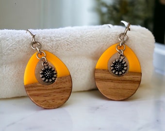 Walnut and Resin Sunflower Teardrop Earrings, Flower Charm, Stainless Steel