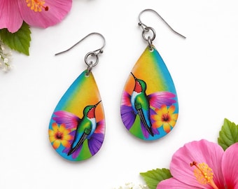 Hummingbird Earrings, Walnut Wood, Colorful Bird Jewelry, Hypoallergenic Hooks