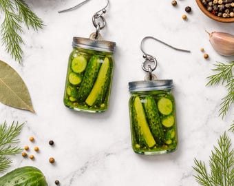 Pickle Jar Earrings, Funny Food Earrings, Dill Pickle Jewelry, Acrylic Earrings Handmade, Quirky Gift for Pickle Lover
