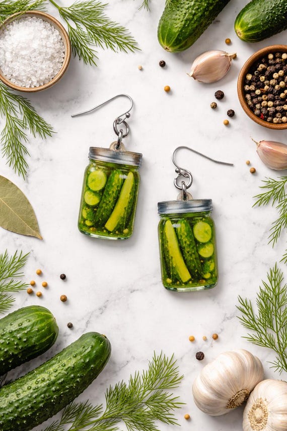 Pickle Jar Earrings, Funny Food Earrings, Dill Pickle Jewelry, 2D Acrylic Earrings Handmade, Quirky Gift for Pickle Lover