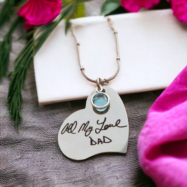 Heart Necklace with Actual Handwriting - Custom Engraved Signature Jewelry - Memorial Gift for Her - Mom Necklace from Daughter