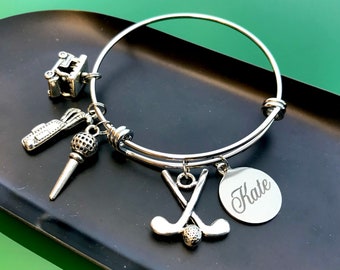 Golf Charm Bangle Bracelet – Stainless Steel, Personalized Gift