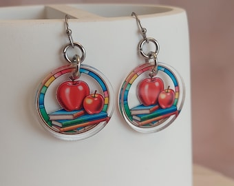 Teacher Appreciation Earrings – Apple & Books Acrylic Dangle Earrings, Back-to-School Gift