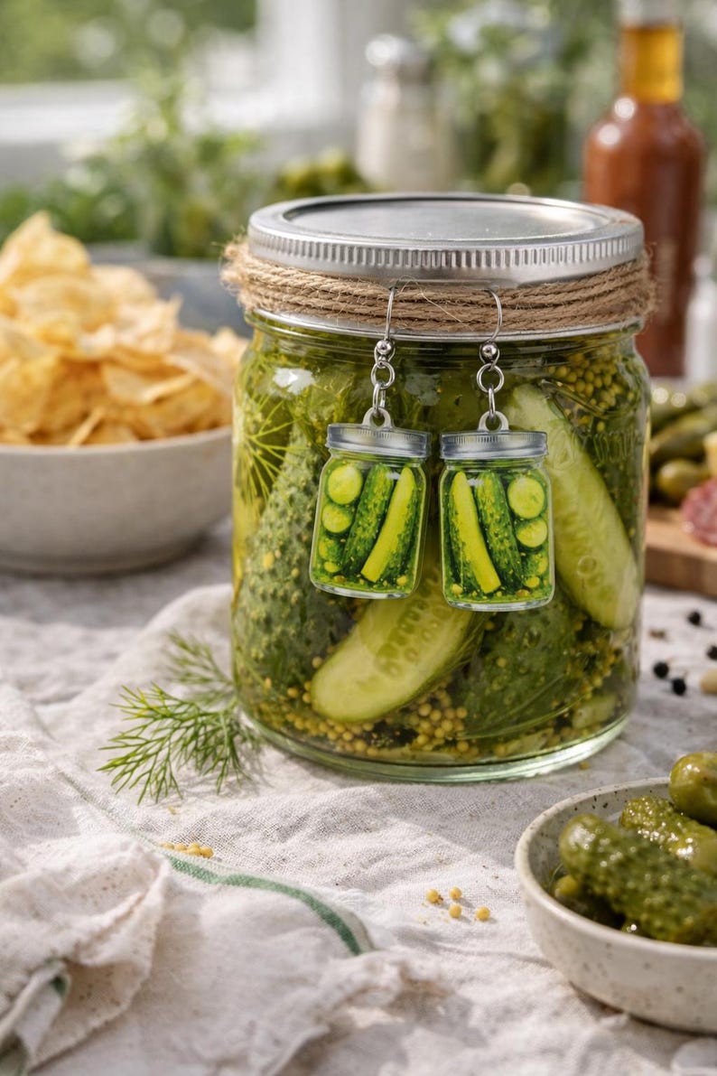 K&ouml;nnte beinhalten: Ohrringe zum Aufh&auml;ngen in Form kleiner Einmachgl&auml;ser mit Essiggurken, die vor einem gro&szlig;en Einmachglas mit Essiggurken h&auml;ngen. Die Ohrringe haben silberfarbene Deckel und klare Gl&auml;ser, die mit gr&uuml;nen Essiggurken gef&uuml;llt sind. Im Hintergrund ist eine Sch&uuml;ssel mit Chips zu sehen.