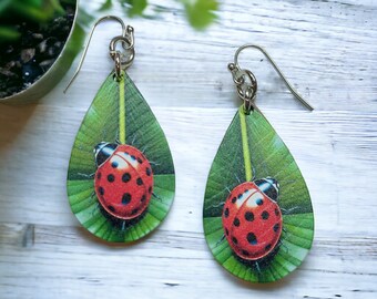 Ladybug Earrings Dangle Teardrop Shaped - Lady Bug Insect on a Green Leaf for Gardeners