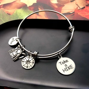 Take a Hike Charm Bracelet - Hiker Gifts - Hiking Jewelry - Adventurer in the Mountains - Compass - Backpack - Camping