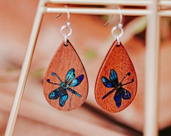 Dragonfly Earrings Wooden Walnut Teardrop Engraved with Metallic Coloring - Dragonfly Jewelry for Women
